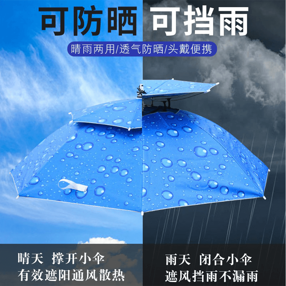 95CM雙層頭戴式雨傘 黑膠二折 晴雨兩用 戶外釣魚 防曬遮陽傘 橡膠頭圈【SV61029】 8