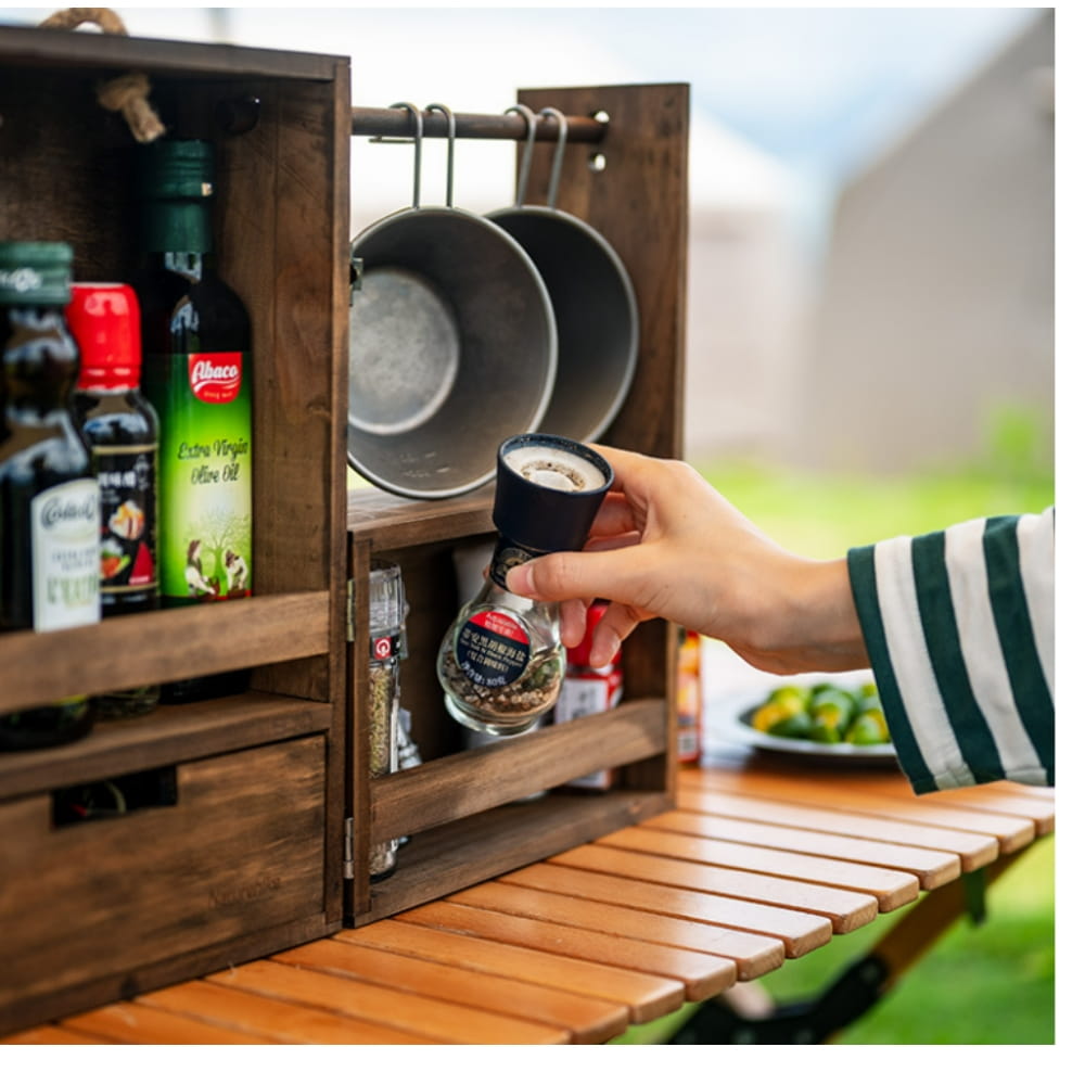 巨安戶外【111111147】自然風 多層調料罐櫃 戶外露營野餐燒烤用品調料盒 木收納箱 6
