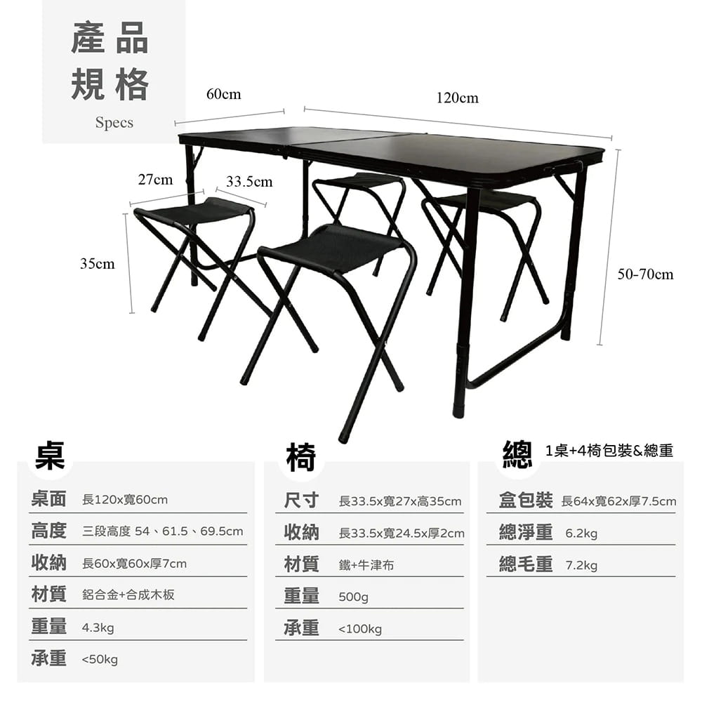 OUTDOORONE 墨黑四人折疊桌椅組 1桌4椅一體收納設計攜帶便利BLACK墨黑配色簡約有質感 7