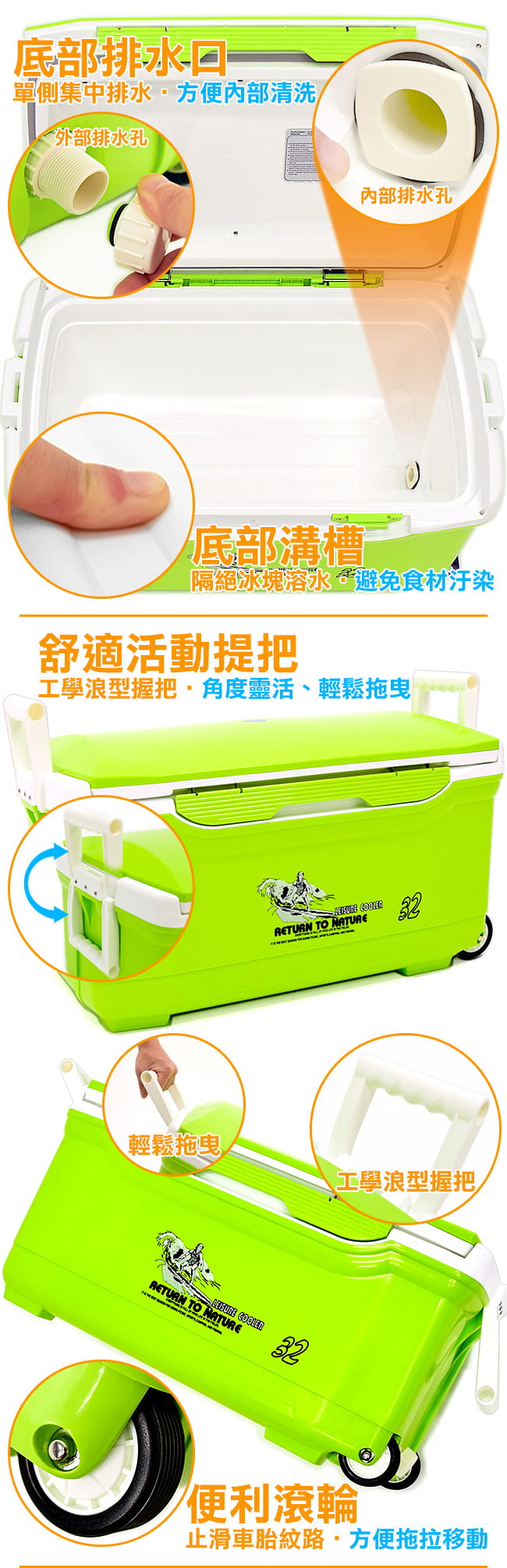 台灣製造 全掀蓋+左右開32L冰桶 (32公升冰桶行動冰箱/移動輪子釣魚冰桶/保冰桶冰筒) 6
