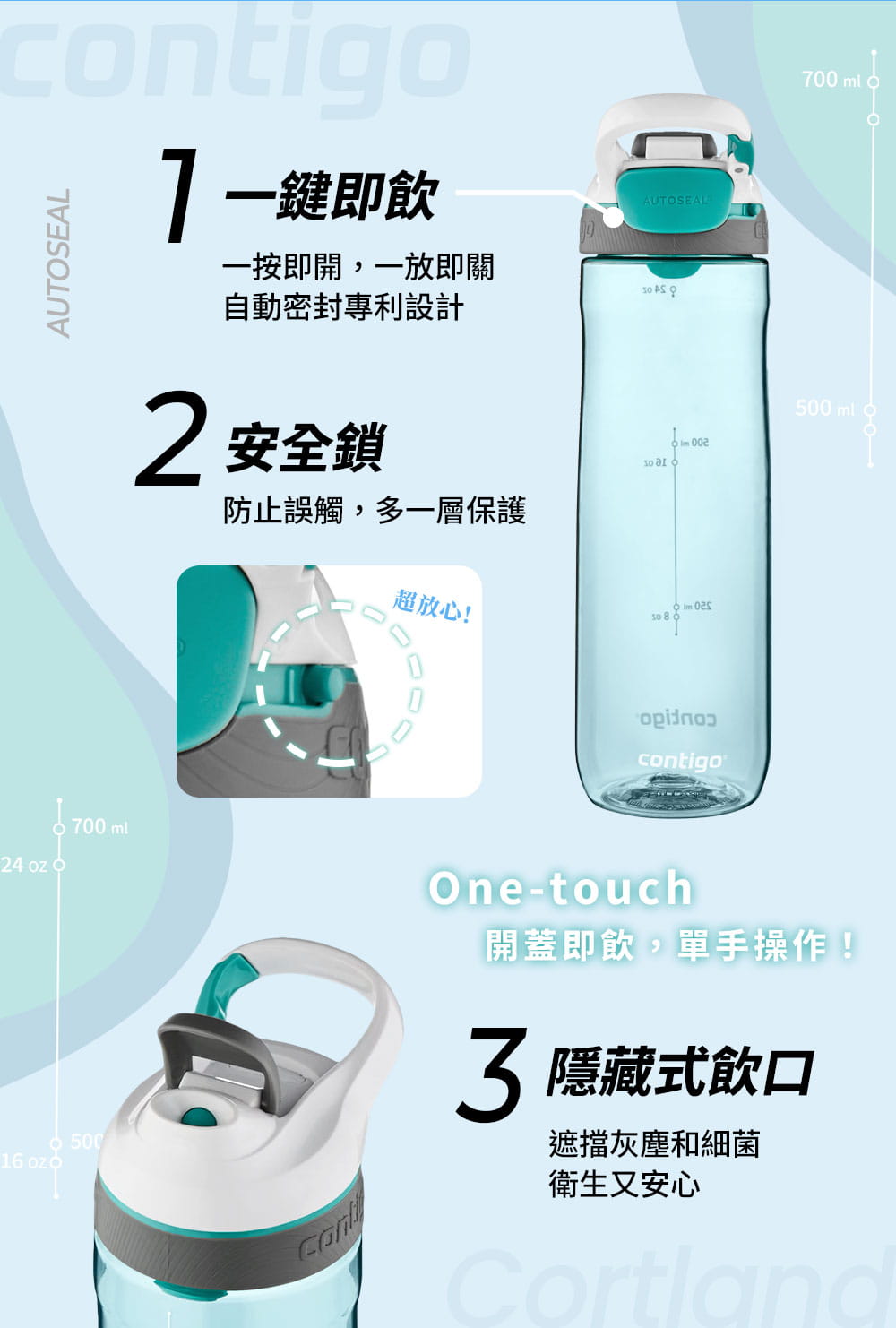【Contigo】美國CONTIGO Tritan防漏直飲瓶Cortland710cc(冷水瓶/運動水壺) 4