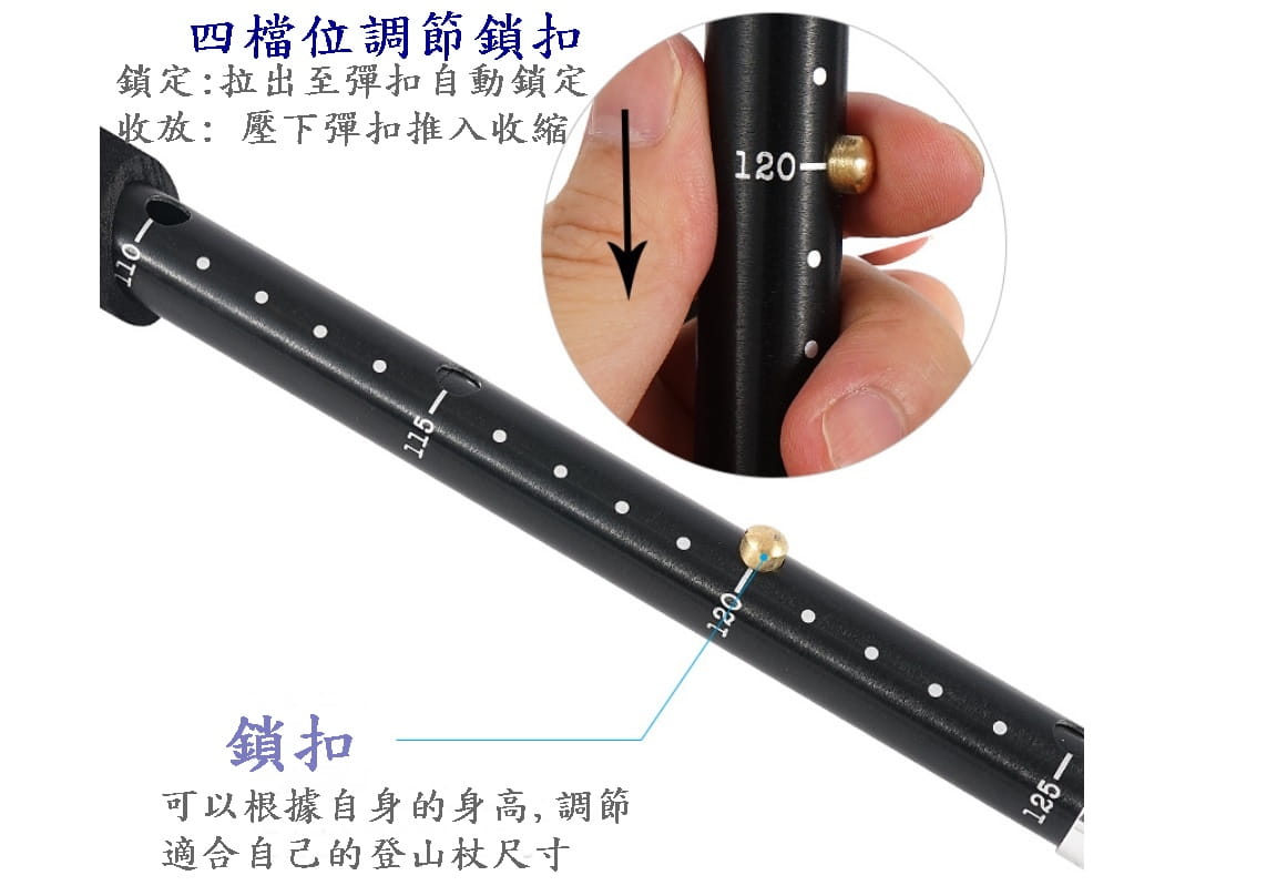 【CAIYI 凱溢】7075鋁合金超輕摺疊四節式外鎖型登山杖可調尺寸 5