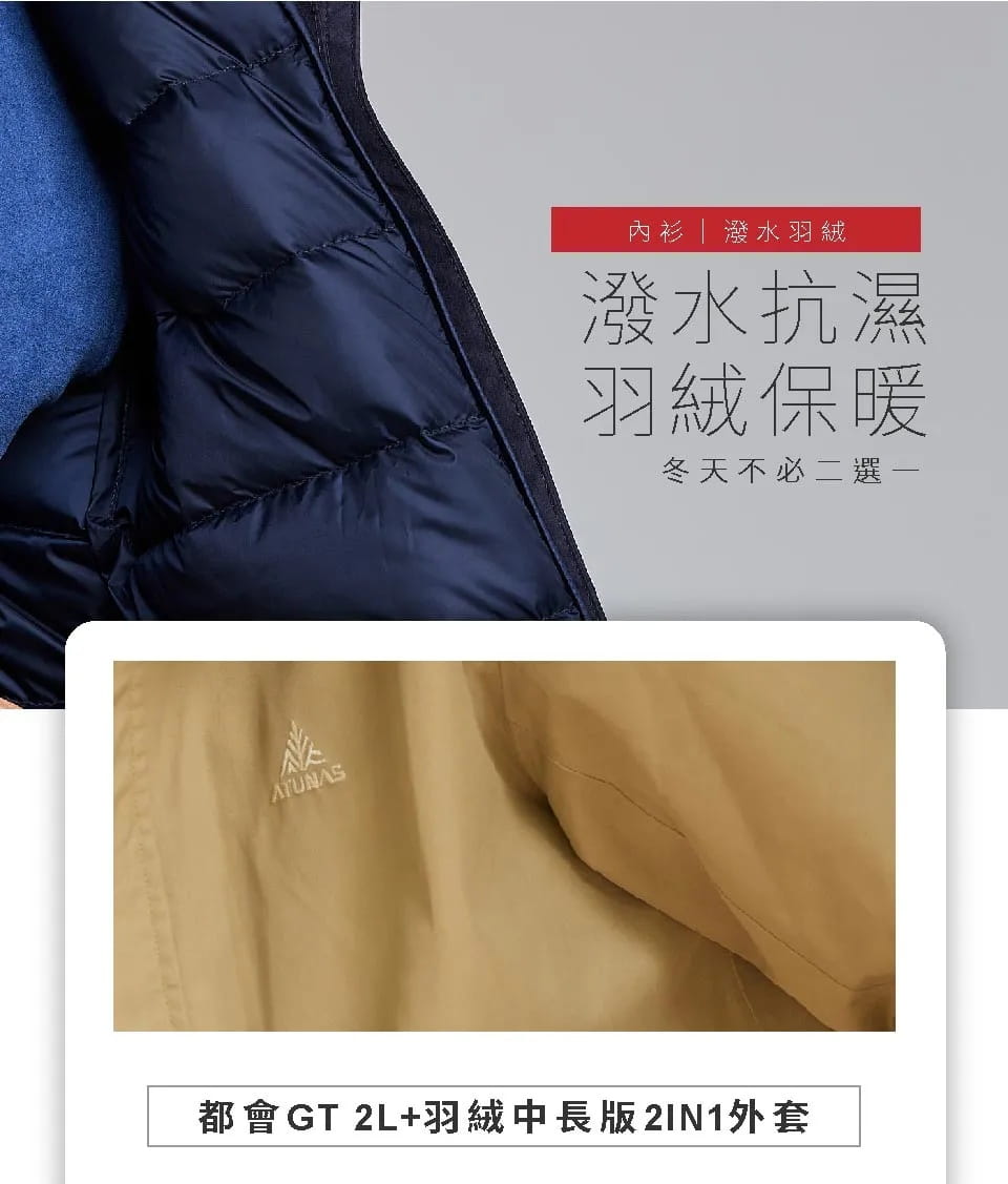 歐都納男款都會休閒GORE-TEX 2L 防水+保暖羽絨兩件式中長版外套A1GT2513M卡其、黑 7
