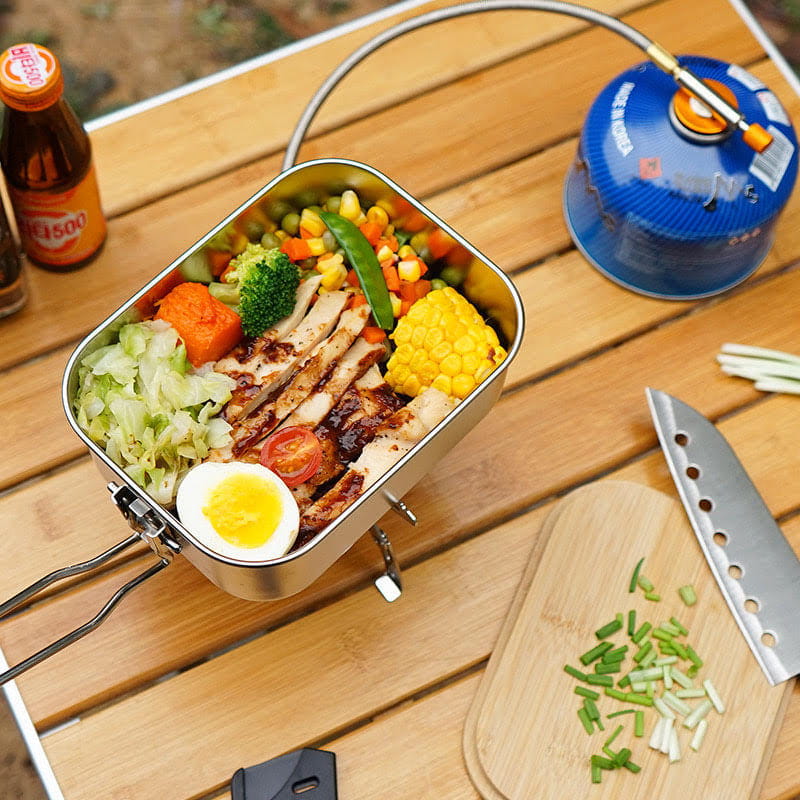 【CAIYI 凱溢】CLS 304不鏽鋼竹木蓋板 煮飯盒 餐具 烹飪鍋 野營野餐 便當盒 8