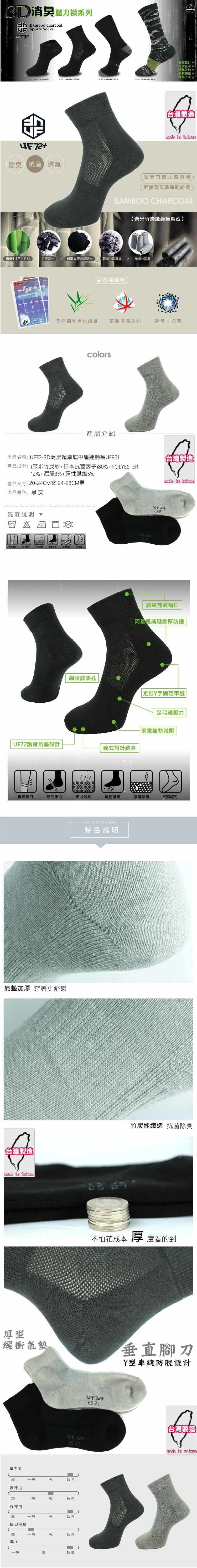 【UF72+】UF921 3D消臭超厚底中壓運動襪 1