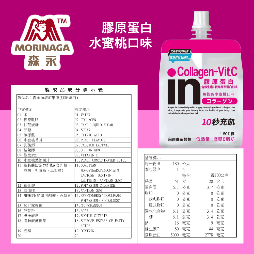 【台灣森永】in果凍180g-7款任選 能量/膠原蛋白/綜合礦物質/維他命/膳食纖維/牛磺酸B群/益生菌 6