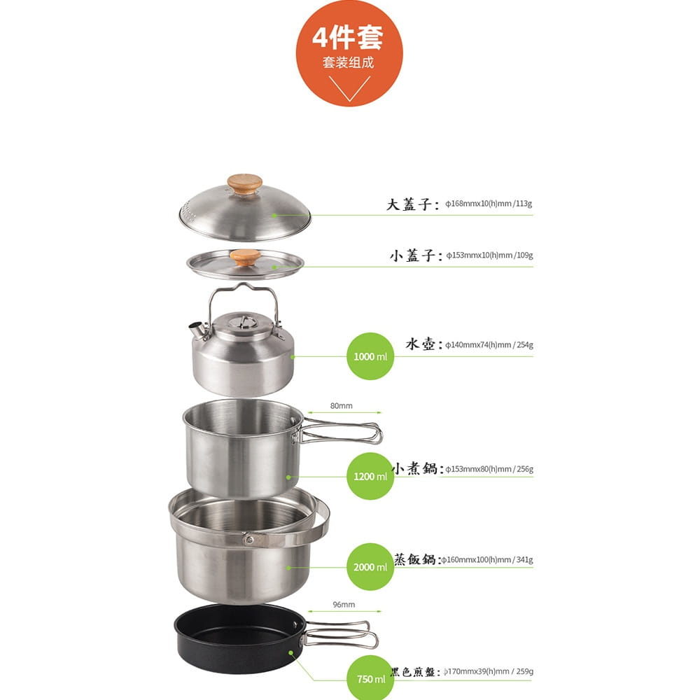 【CAIYI 凱溢】Caiyi 4件套 不銹鋼鍋具組 露營套鍋 野營鍋 戶外鍋具 12