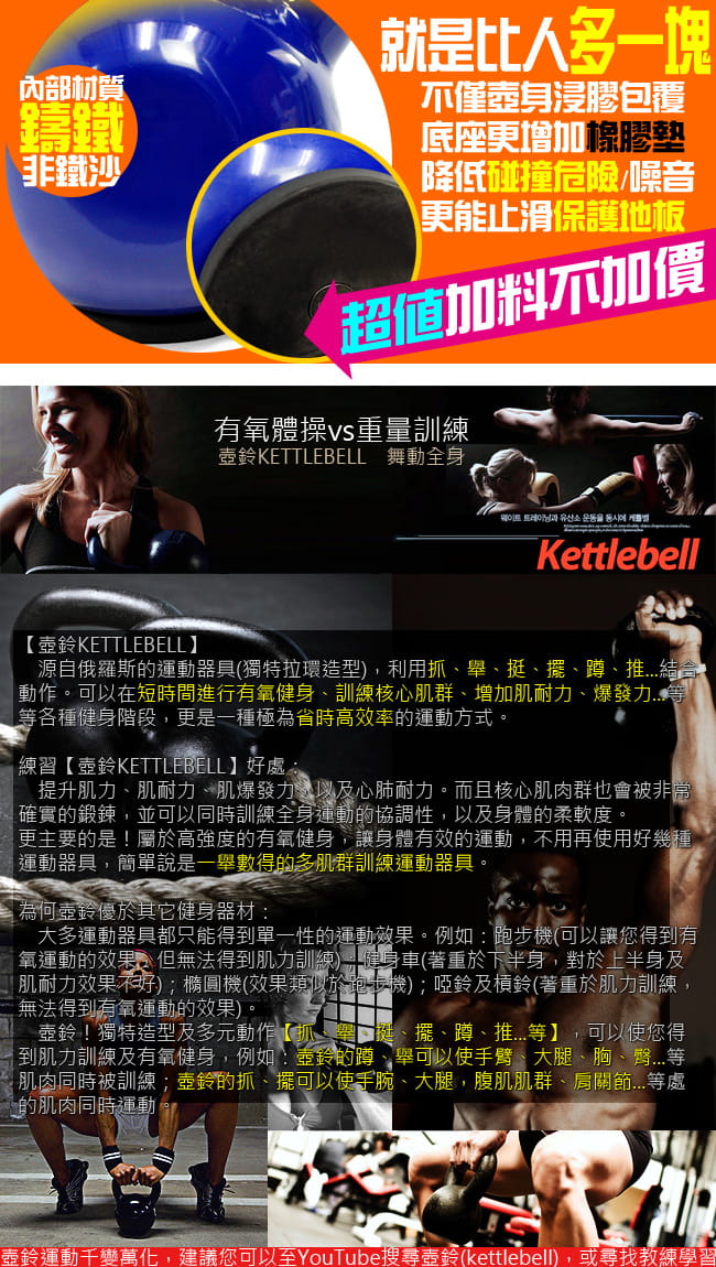 KettleBell包膠15磅壺鈴(實心鑄鐵+橡膠底座) /浸膠15LB拉環啞鈴.6.8KG搖擺鈴 1
