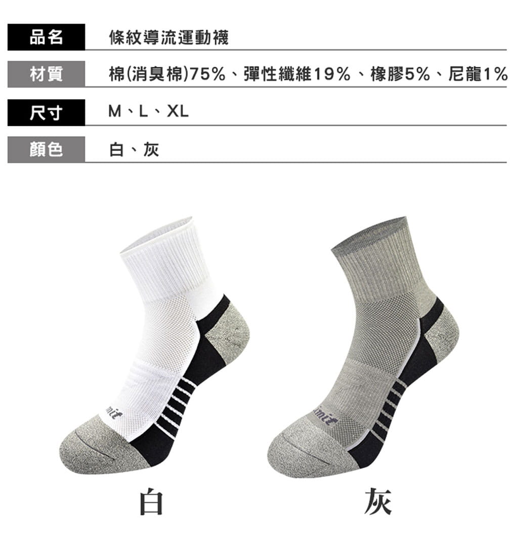 【力美特機能襪】條紋導流運動襪(白) 8