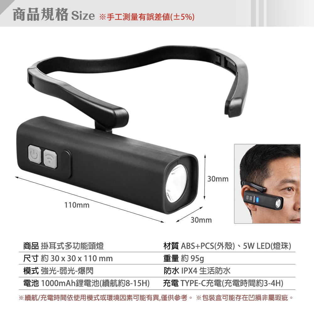 【DIBOTE】迪伯特 感應耳掛式登山頭燈 附USB充電線 感應頭燈 工作燈 騎行燈 釣魚燈 6