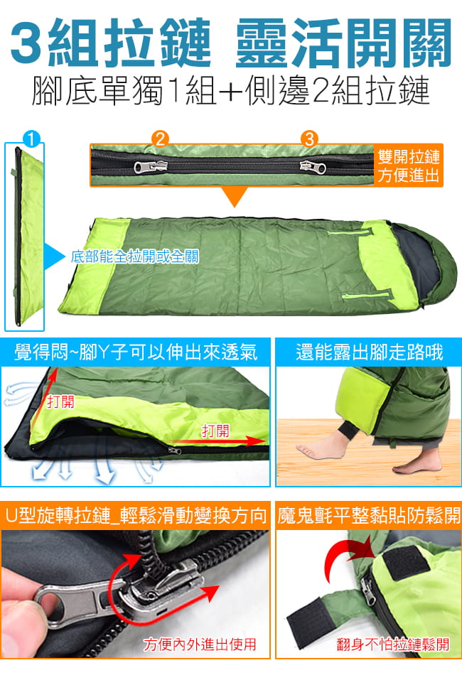 可伸手露營睡袋(可拼接雙人)四季通用帶帽睡袋.成人信封型睡袋 3