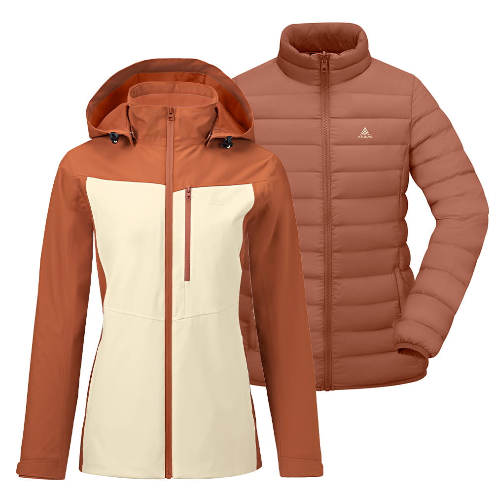 歐都納女款防水外套+保暖羽絨二件式外套(A1GA2534W珊瑚紅米白/防水/防風/透氣/羽絨保暖) 0