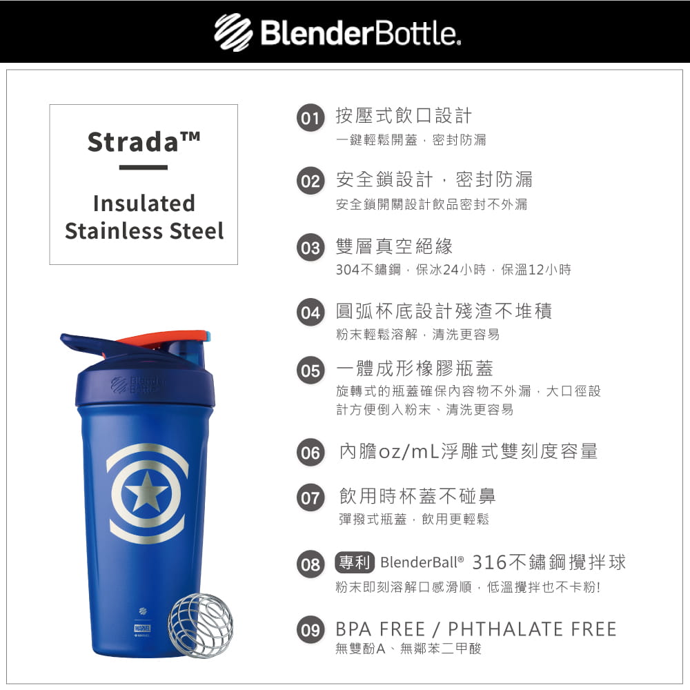 【Blender Bottle】Strada系列-Marvel漫威英雄雙層真空不鏽鋼按壓式搖搖杯24oz 6