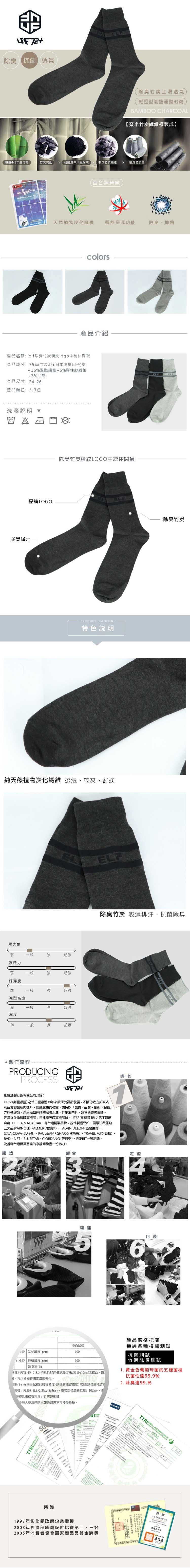 【UF72+】UF5022 elf除臭竹炭橫紋logo中統休閒襪 1