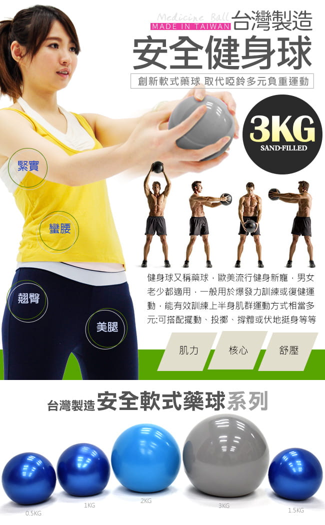 台灣製造 有氧3KG軟式沙球 (呆球不彈跳球/舉重力球重量藥球/瑜珈球韻律球/健身球訓練球) 2
