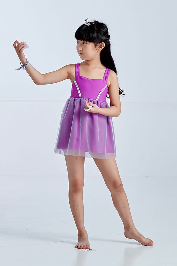 APPLE蘋果牌 女童紫色公主網紗綴蕾絲連身裙泳衣   附泳帽     NO-019605 0