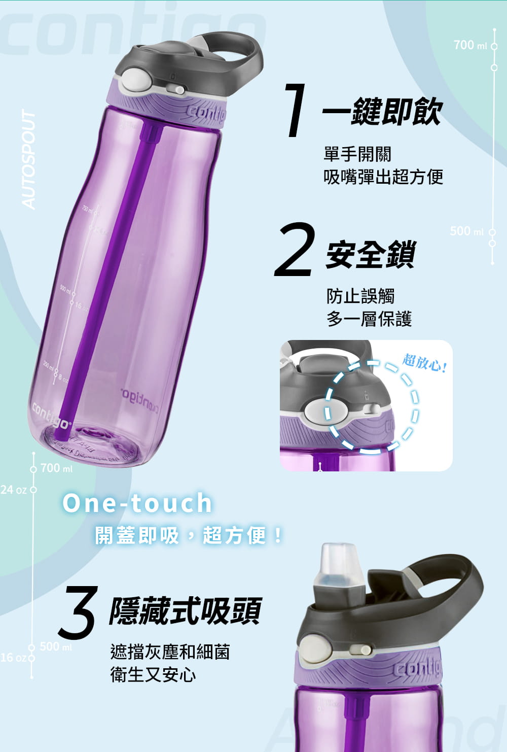 【Contigo】美國CONTIGO Tritan防漏彈蓋吸管水瓶946ccAshland(冷水瓶/運動水壺) 4