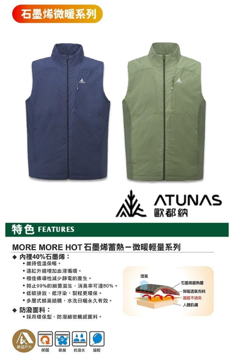 男石墨烯微暖輕量背心 A1VE2503M /ATUNAS 歐都納 /登山屋 1