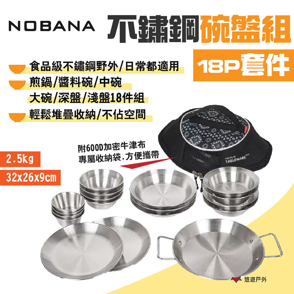 【NOBANA】不鏽鋼碗盤組18P套件 悠遊戶外 1