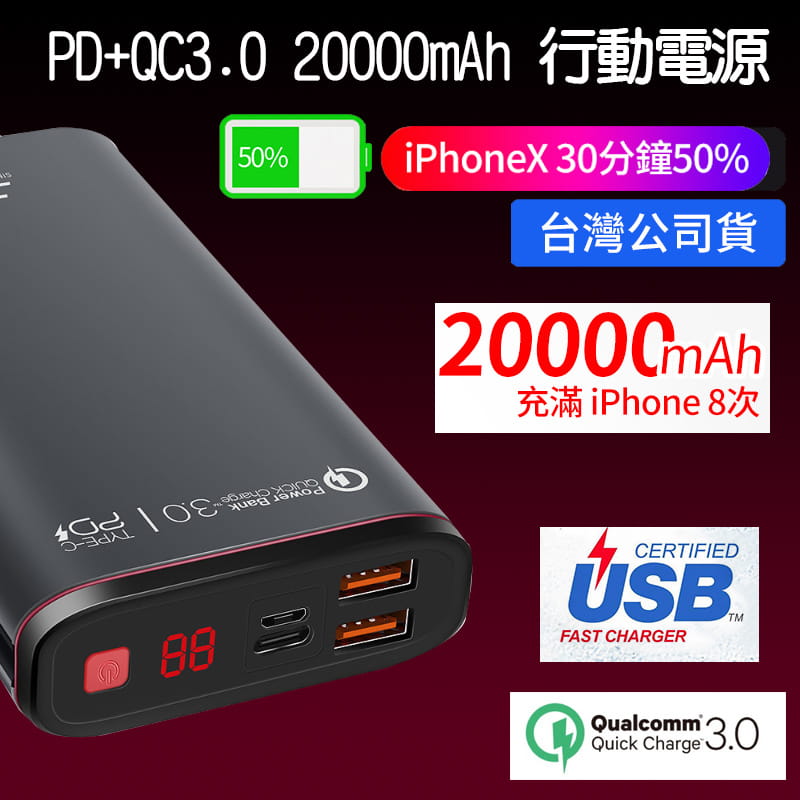 PD+QC3.0 20000mAh 行動電源 支援iPhone12 11 Type-C 雙向快充 1