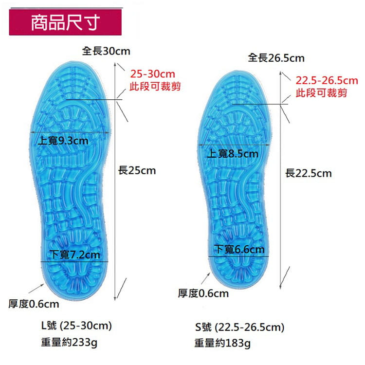 藍色矽膠顆粒鞋墊 透氣舒適 防震減壓 高彈運動鞋墊 (1雙入)可自行裁剪【AF02210】 9