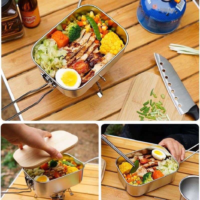 【CAIYI 凱溢】CLS 304不鏽鋼竹木蓋板 煮飯盒 餐具 烹飪鍋 野營野餐 便當盒 1