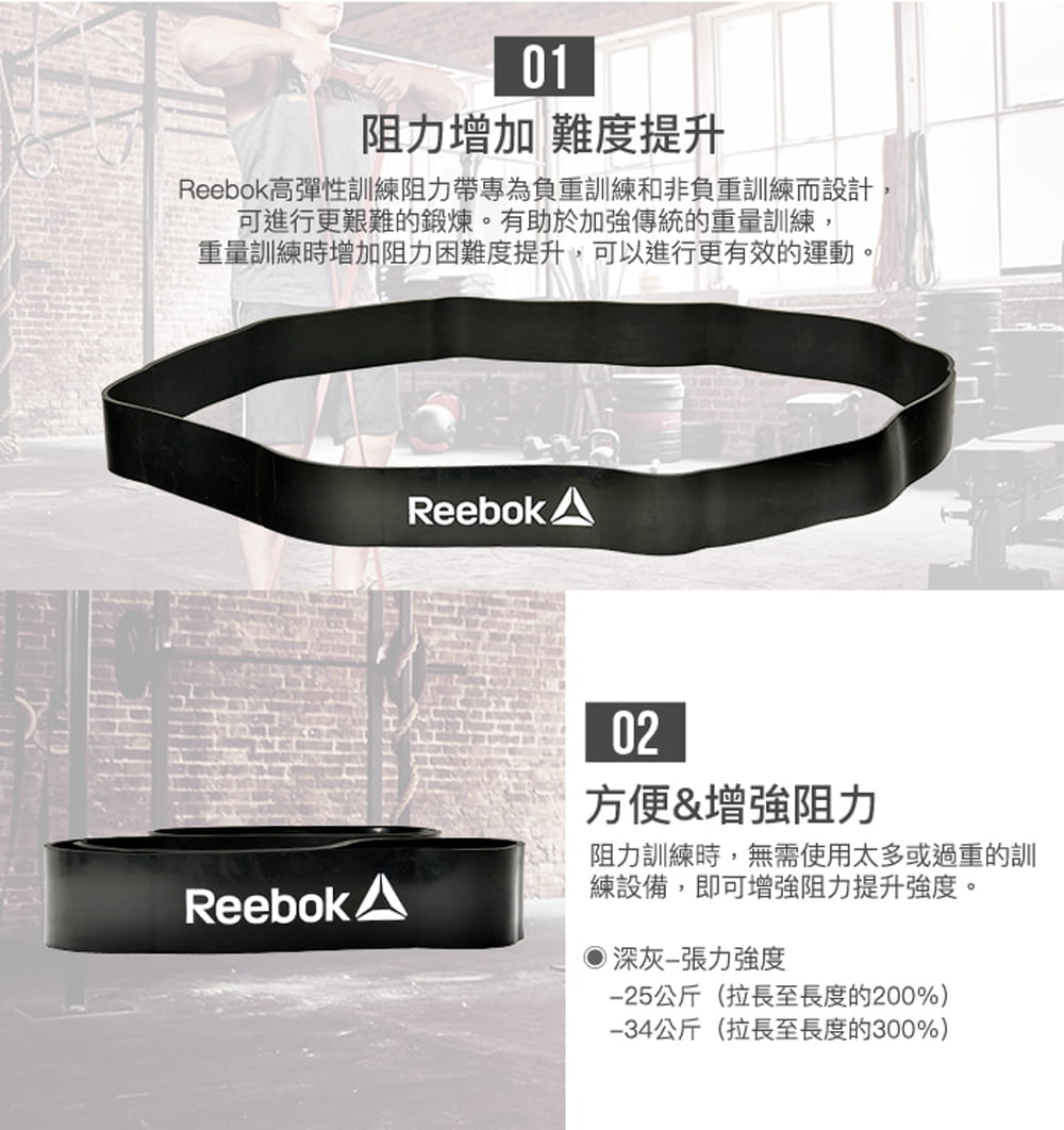 Reebok高彈性訓練阻力帶(深灰/34kg阻力) 4