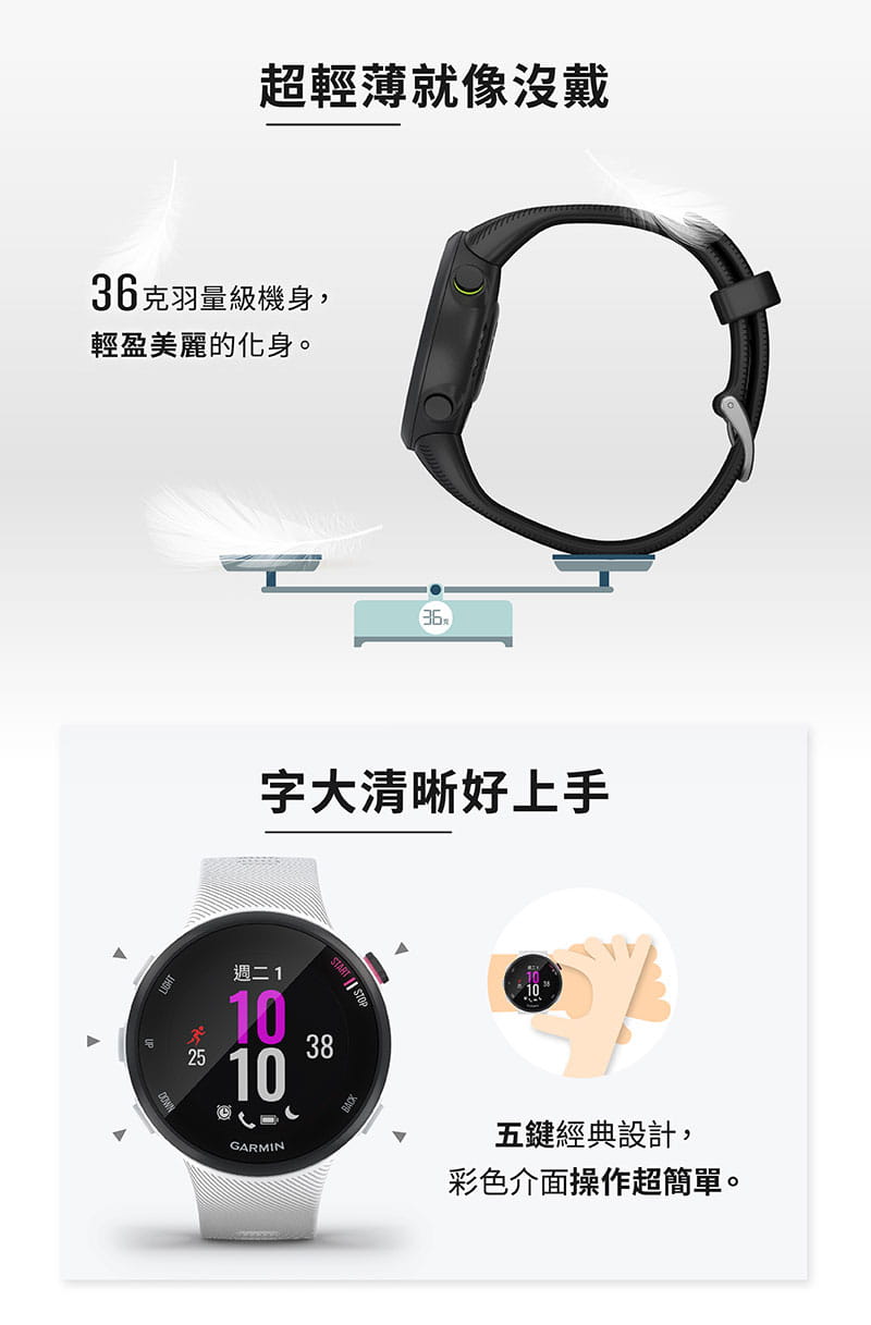 【GARMIN】Forerunner 45/45S 超輕薄美型智慧跑錶(4色) 2