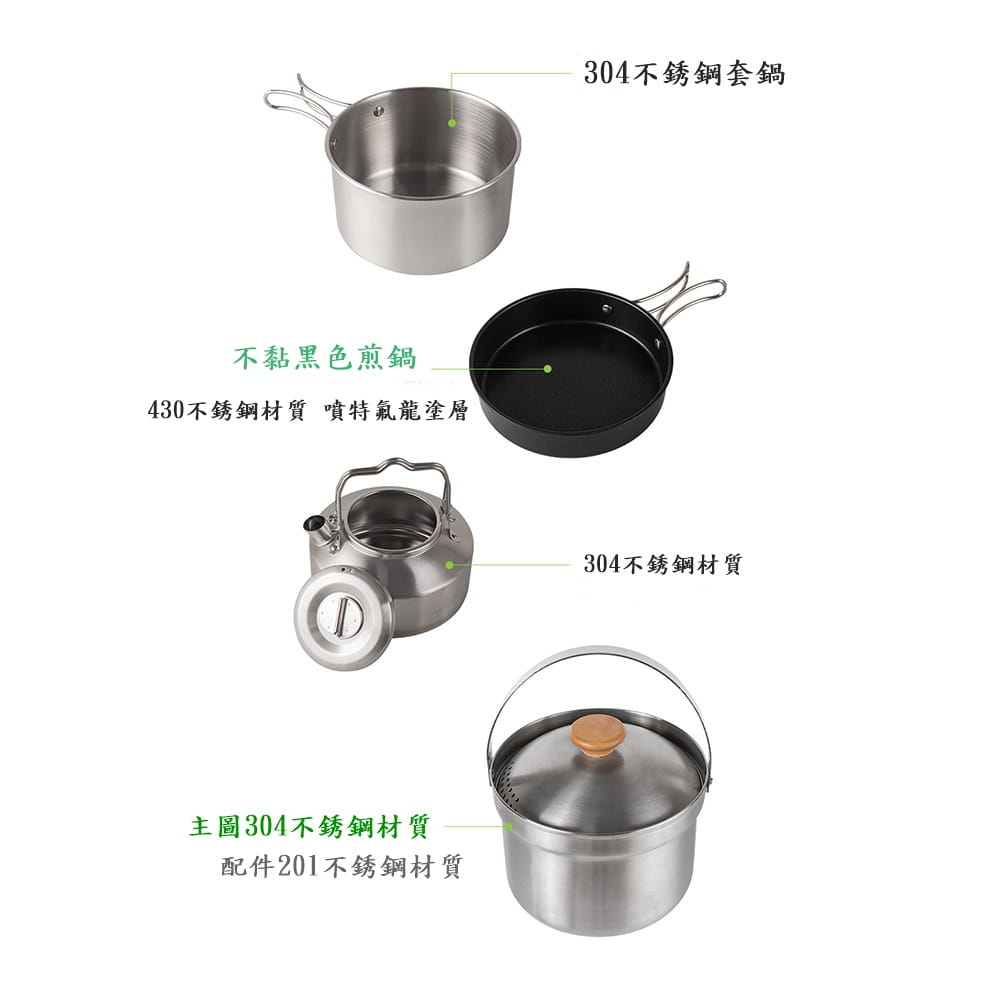 【CAIYI 凱溢】Caiyi 4件套 不銹鋼鍋具組 露營套鍋 野營鍋 戶外鍋具 8