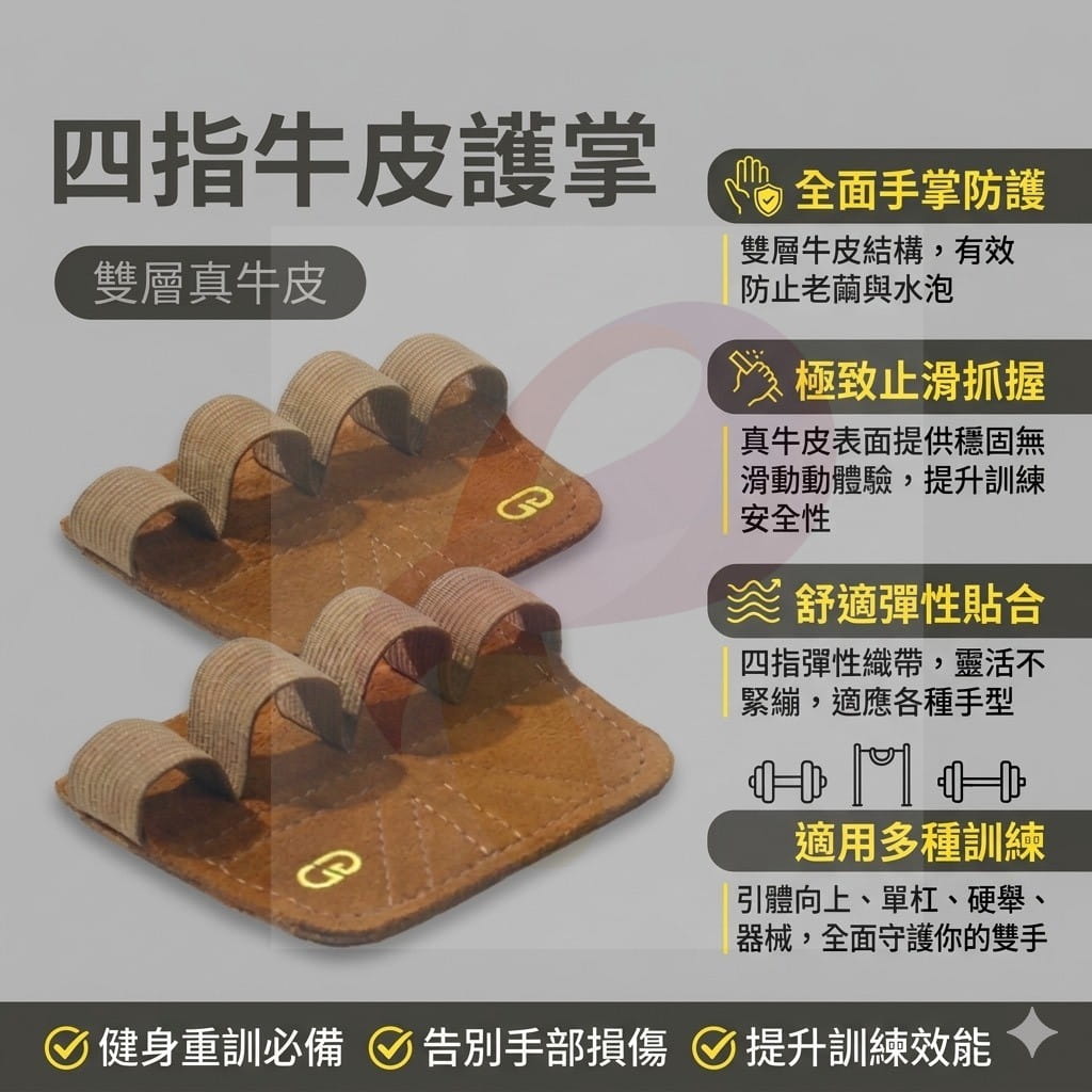 GOUNO 雙層真牛皮 四指護掌 健身手套 重訓護掌 助力帶 防滑耐磨 防長繭 力量訓練 0