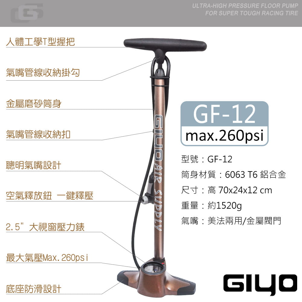 【GIYO 】台灣製 直立式高壓打氣筒 GF-12 4
