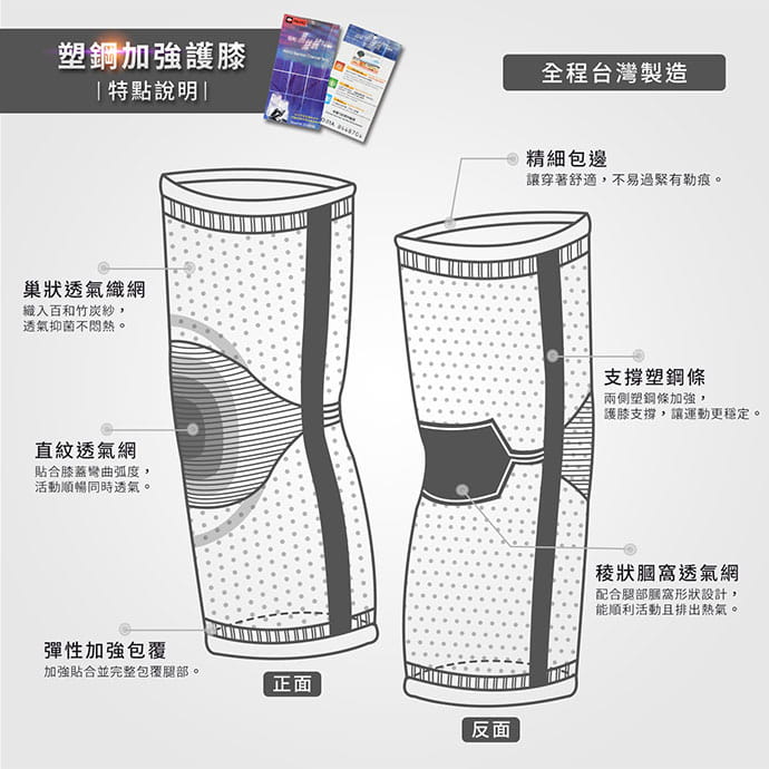 【GIAT】台灣製竹炭雙側壓條支撐透氣護膝(單支入) 3