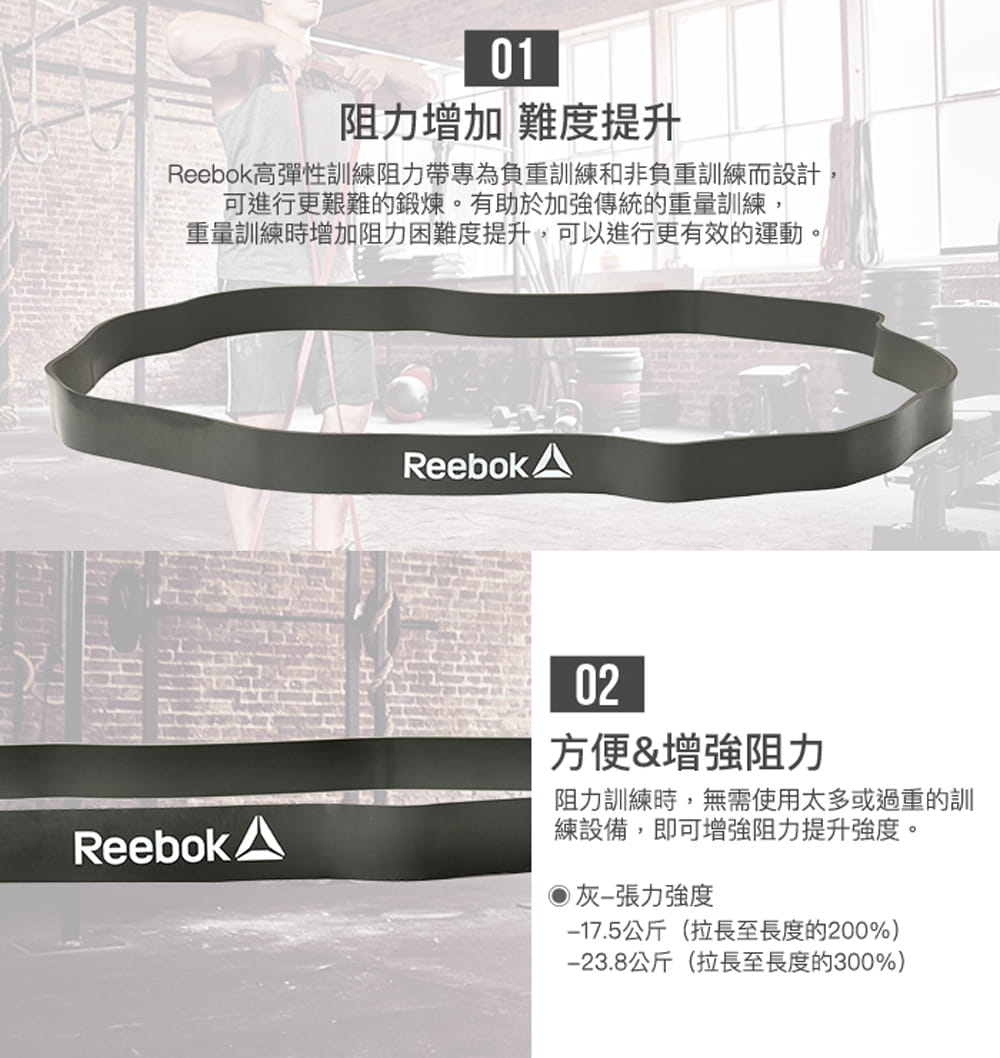 Reebok高彈性訓練阻力帶(淺灰/23.8kg阻力) 4