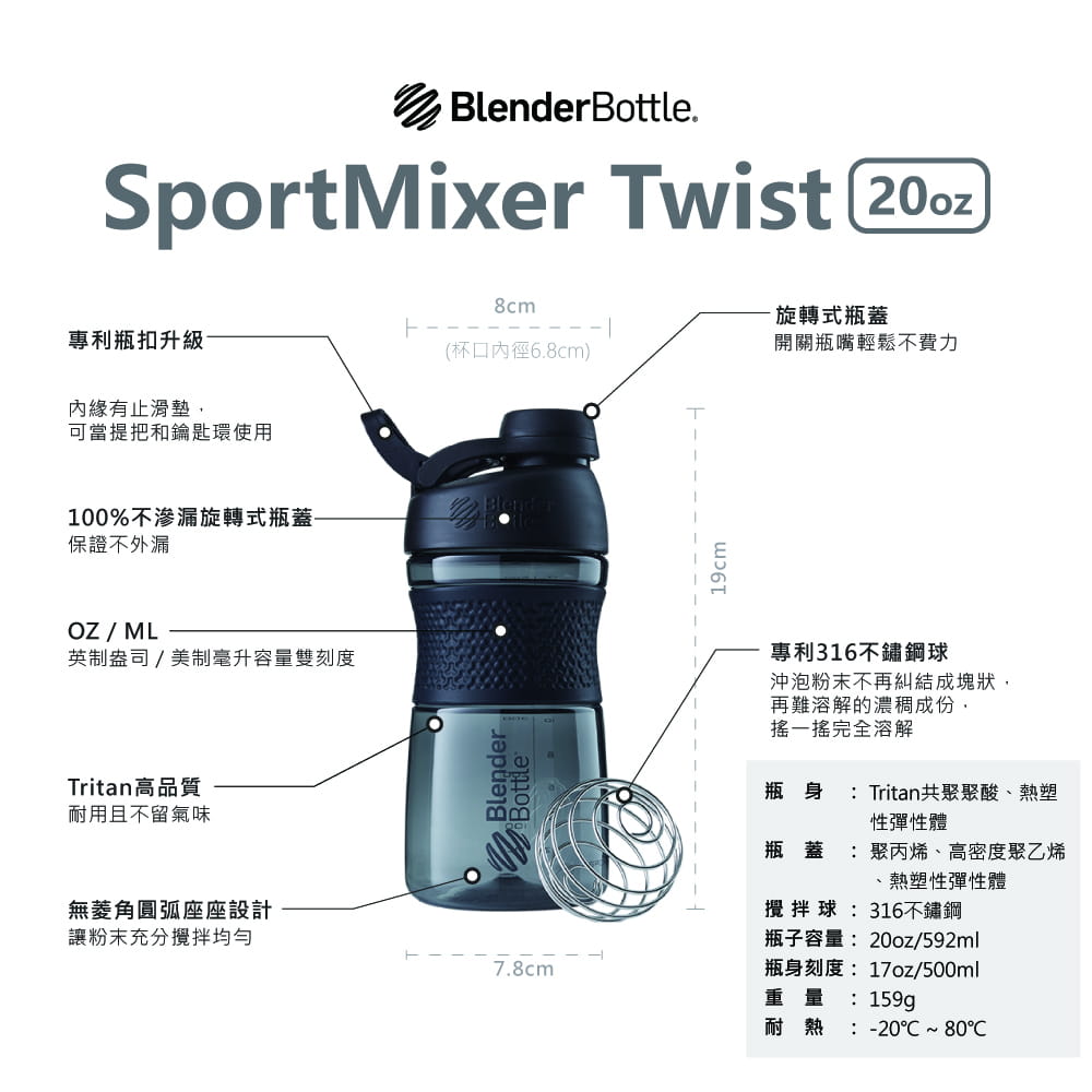 【Blender Bottle】SportMixer系列｜新款曲線透亮搖搖杯｜20oz｜5色 9