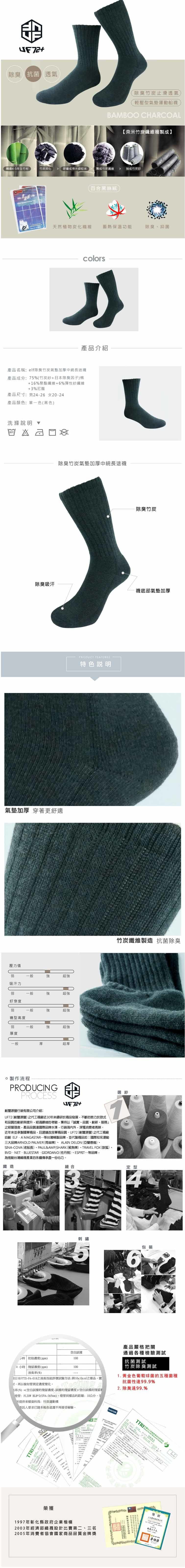【UF72+】UF5804 elf除臭竹炭氣墊加厚中統長途襪 1