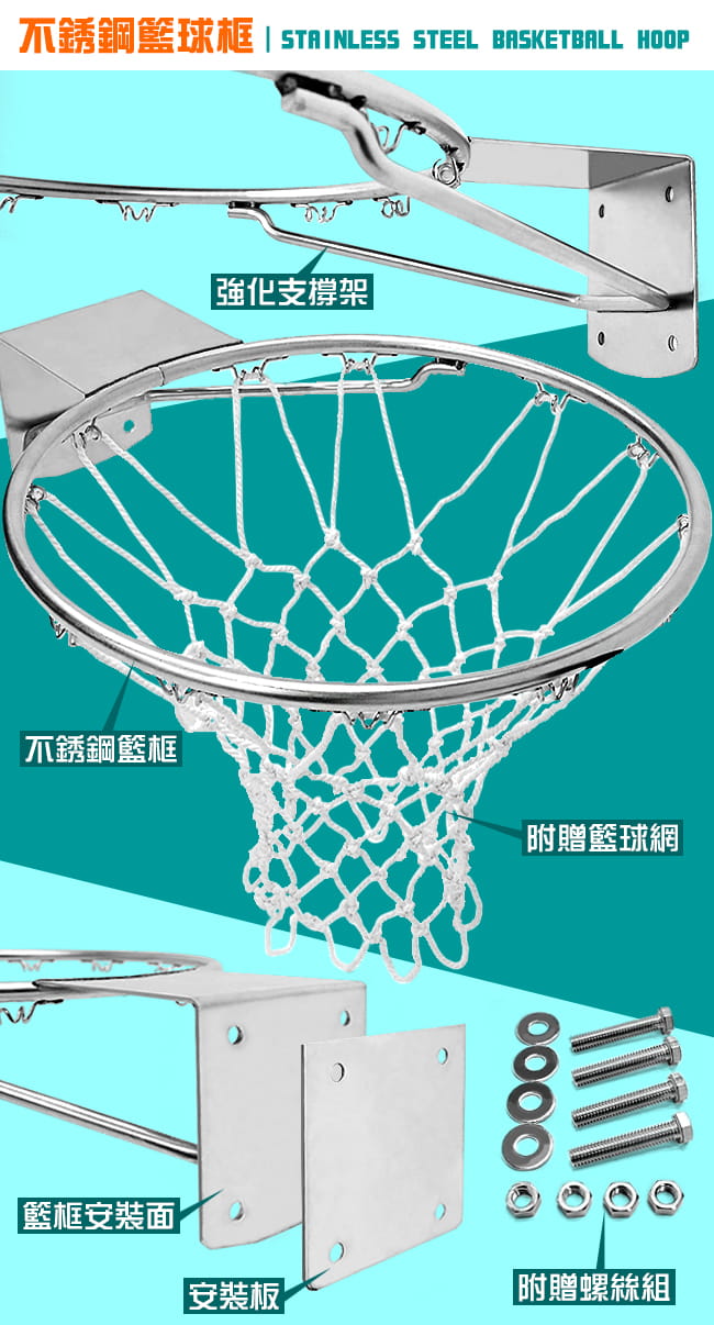 台灣製造18吋標準不銹鋼籃球框(含籃網) 標準實心籃框架 3