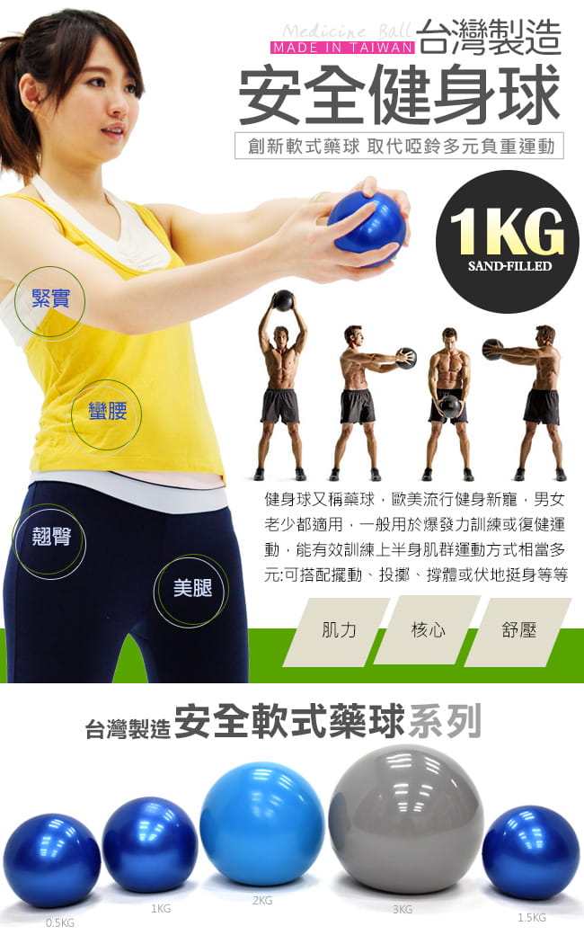 台灣製造 有氧1KG軟式沙球 (呆球不彈跳球/舉重力球重量藥球/瑜珈球韻律球/健身球訓練球) 2