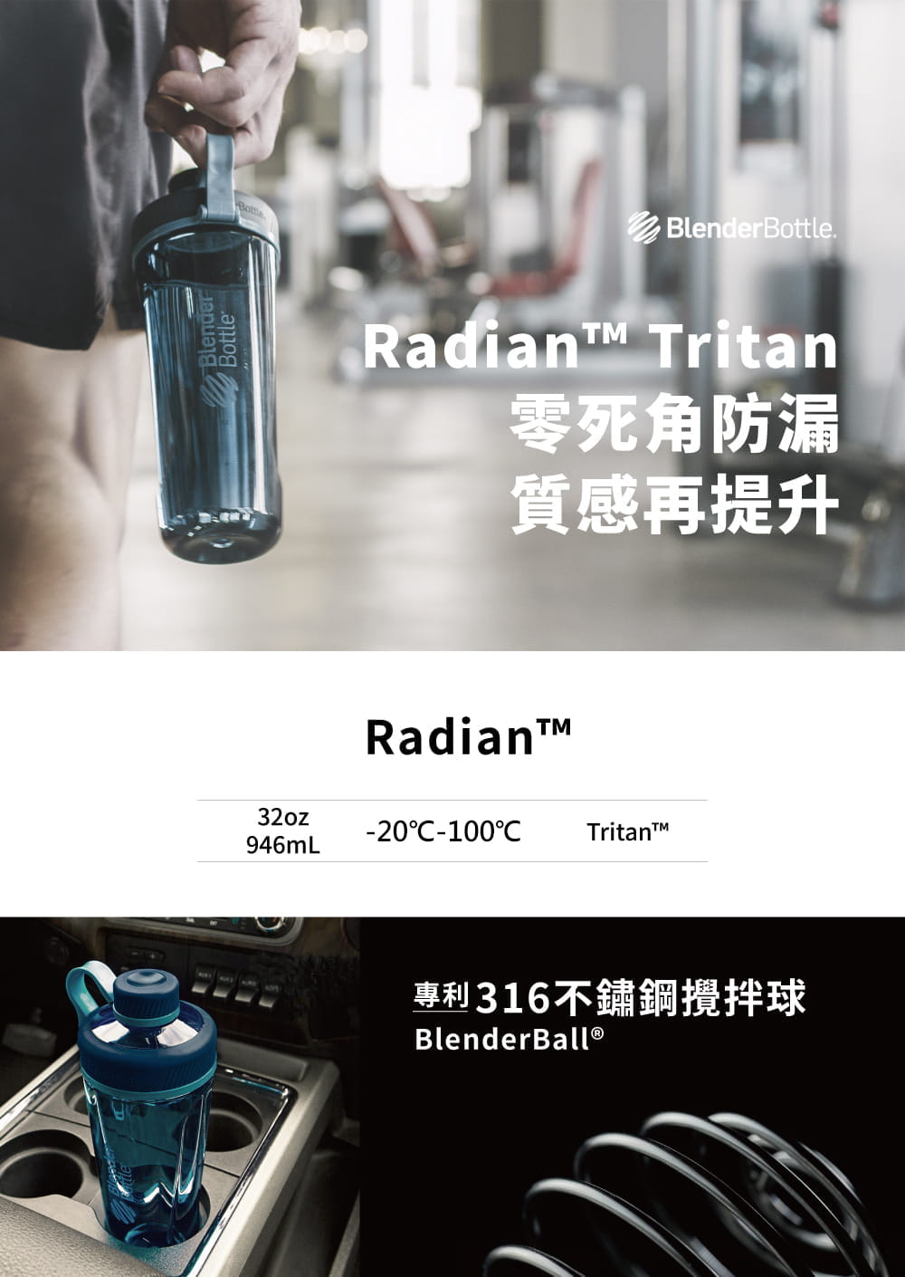 【Blender Bottle】Radian系列-Tritan旋蓋運動搖搖杯32oz(8色)+送mars隨手包 1