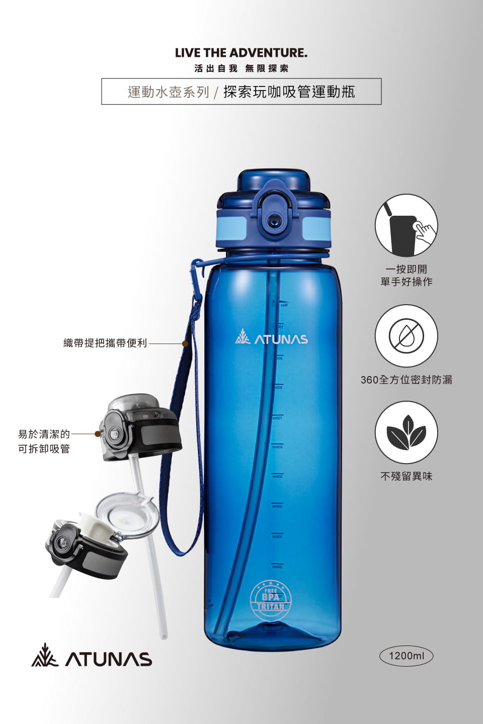 ATUNAS歐都納探索玩咖吸管運動瓶1200ml(A1KTGZ03寶藍/運動水瓶/吸管水壺) 1