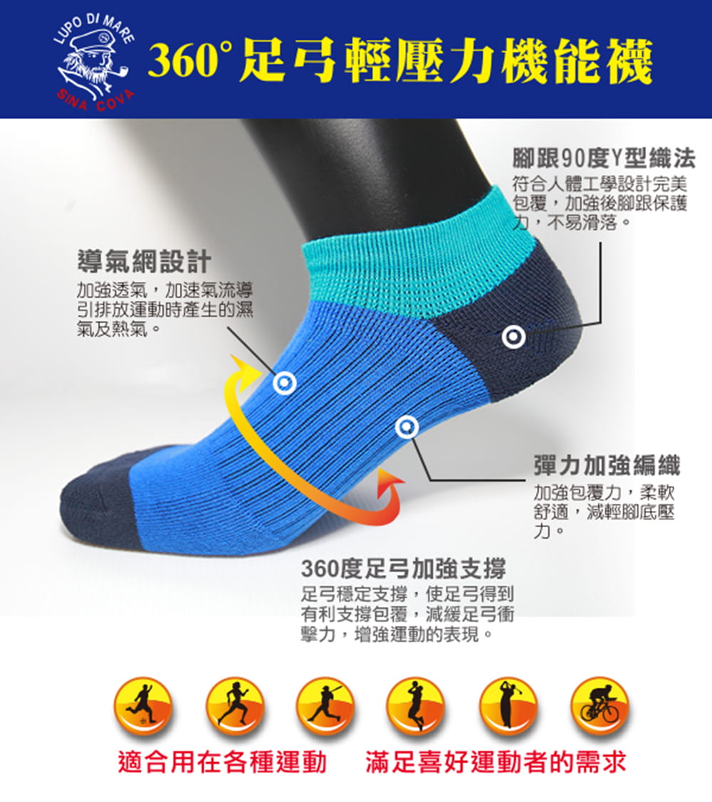 【老船長】(K144-8L)足弓輕壓機能運動襪-男款 2