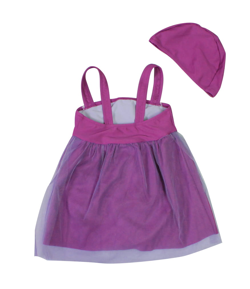 APPLE蘋果牌 女童紫色公主網紗綴蕾絲連身裙泳衣   附泳帽     NO-019605 3