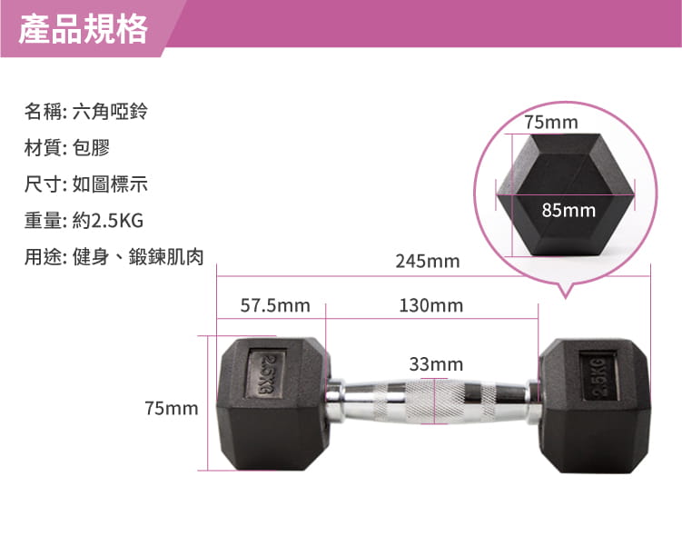 【ABSport】包膠高質感六角啞鈴2.5KG(單支)／整體啞鈴／重量啞鈴／重量訓練 1