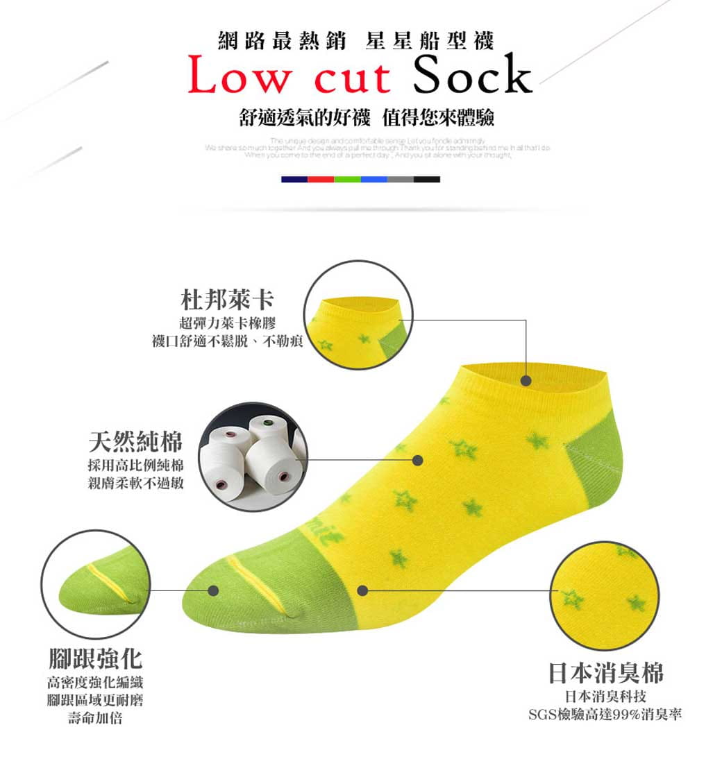 【力美特機能襪】星星船型襪(黃) 2